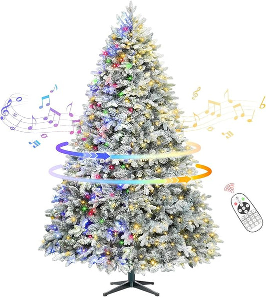 6.5FT Snow Flocked Pre-Lit Christmas Tree with 360° Rotating Base, 1036 PE/PVC Tips, 340 LED Lights, 8 Modes, Dimmable and Timer Functions, Musical Artificial Xmas Tree for Holiday Decor