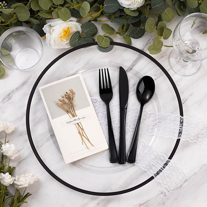 Goodluck 12 Inch Black Charger Plates, 50 Pack Clear Charger Plates with Black Trim, Disposable Plastic Dinnerware, Wedding, Party