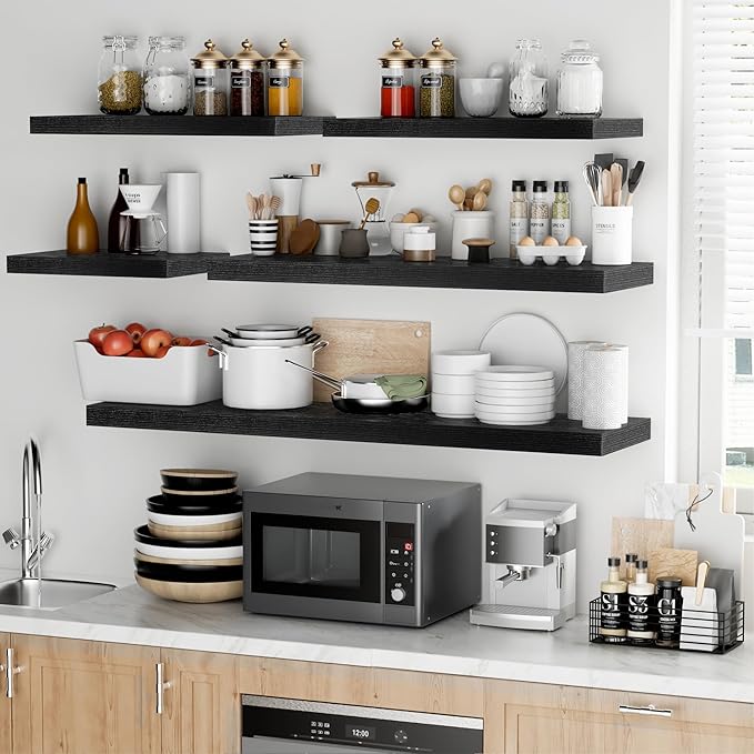 Fun Memories Floating Shelves - 2 Pack 12 Inch Rustic Wooden Wall Shelves - Extra Deeper & Thicker Wall Mounted Storage Shelf for Living Room, Kitchen, Farmhouse - 24" W x 12" D x 1.5"H - Rustic Black