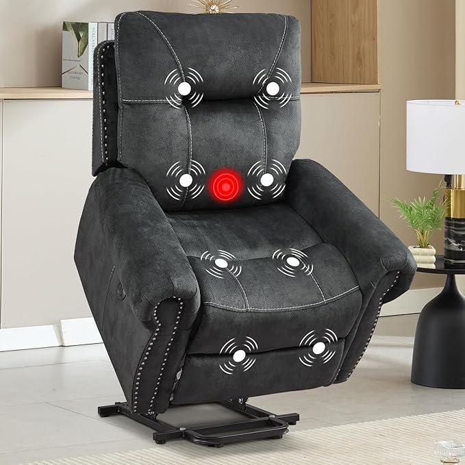 EBELLO Electric Power Recliner Chair with Massage and Heat, Soft Fabric Massage Recliner for Adults, Overstuffed Single Reclining Sofa, Vintage Rivet Mid-Century Design for Living Room, Grey