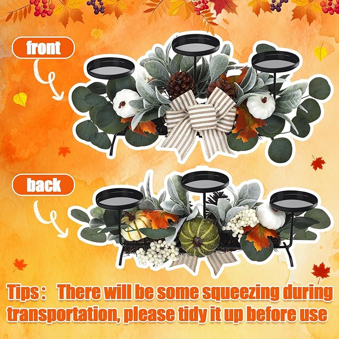 Fall Modern Farmhouse Table Centerpieces with 3 Wick Candle Holders Fall White Pumpkin Bow Candle Holders with Artificial Eucalyptus Leaves Autumn Lambs Ear Holly Berries and Striped Bow