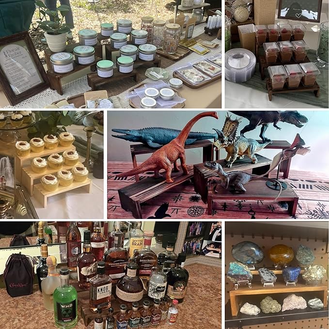 Display Wood Risers Wooden Stand 3 Tier 4 Set 12 Pieces Tiered Desert Wooden Stands Decorative Rectangular Display Cupcake Stands Cologne Perfume Racks(Brown)