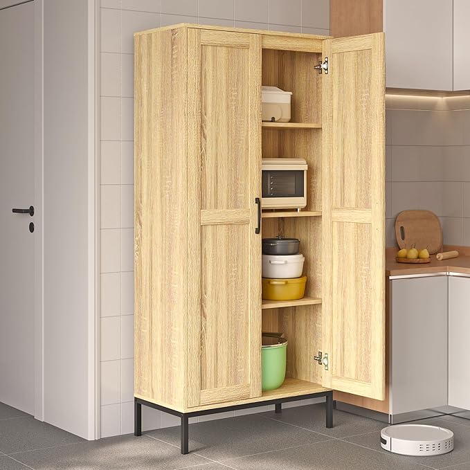Tall Storage Cabinet, Kitchen Pantry Cabinet with 2 Doors & Adjustable Shelves for Laundry Room, Living Room, Entryway,Bathroom,Natural