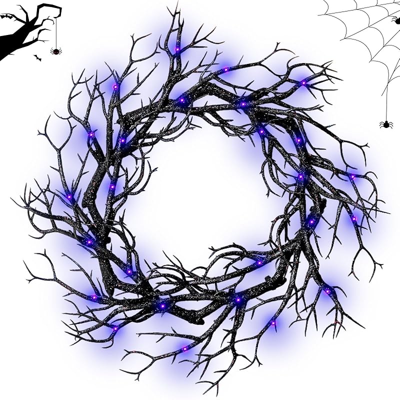 Halloween Black Branch Wreath - 16.5 Inch Glitter Black Twig Halloween Wreaths with Purple Lights for Front Door Indoor Outdoor Party Window Wall Decor Farmhouse Garland Yard