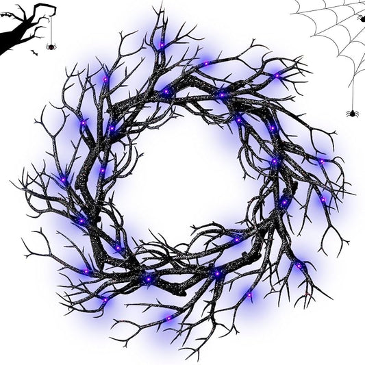 Halloween Black Branch Wreath - 16.5 Inch Glitter Black Twig Halloween Wreaths with Purple Lights for Front Door Indoor Outdoor Party Window Wall Decor Farmhouse Garland Yard