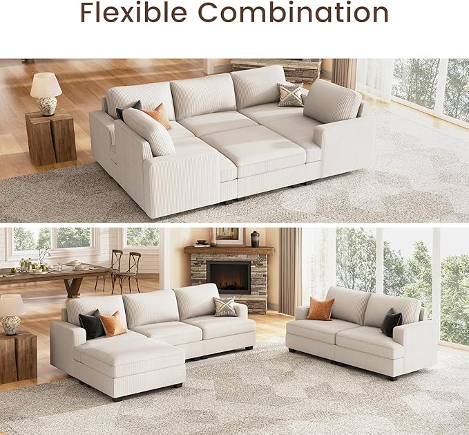 Nolany Modular Sectional Couch with Storage Ottoman, Corduroy Sleeper Sectional Sofa with Chaise, Sectional Couches for Living Room, Beige