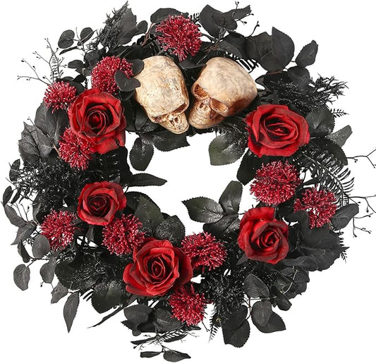 20" Halloween Wreaths for Front Door, Black Eucalyptus Leaves with Glitters, Red Roses, Skull, Gothic Wreath Horror Room Decor
