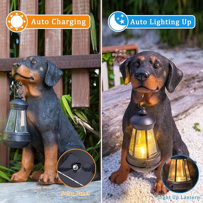 Garden Dog Statues Outdoor Decor, 13" Solar Powered LED Lights Outdoor Statue Garden Decorations Rottweiler Figurine for Patio, Lawn, Yard Art Decoration, Housewarming Garden Gift