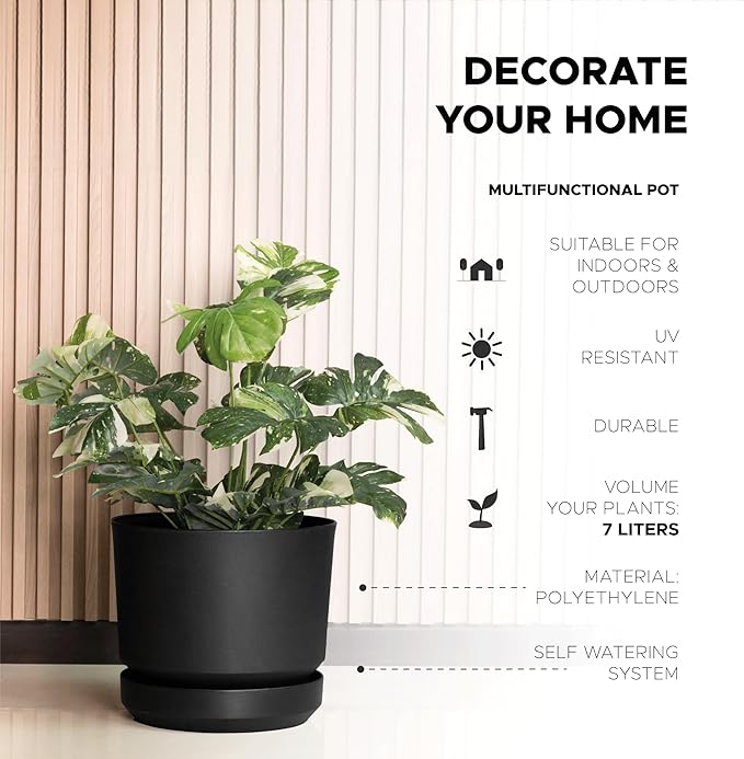 Elly Décor 8 inch Plastic Cylinder Planter Pot with Self-Watering Saucer and Drainage Hole,Lightweight & Extremely Durable, 8"x 8", Black