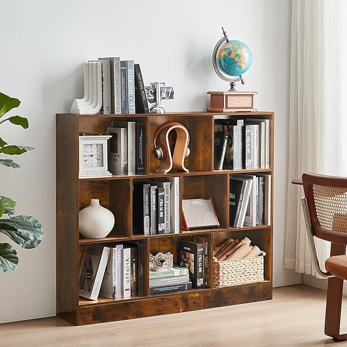 LEYAOYAO 10 Cube Bookshelf with Base,3 Tier Mid-Century Modern Grey Bookcase,Standing Wide Bookshelves Storage Organizer Shelf,Rustic Wood Display Cabinet Book Shelves for Bedroom,Living Room,Office