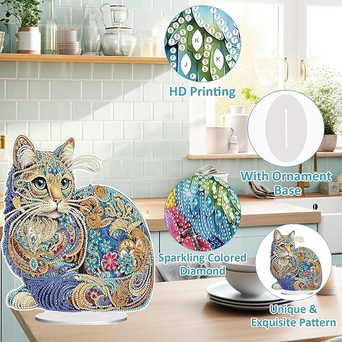 Diamond Painting Kits for Adults Beginners, 5D Full Drill Cat Crystal Art Desktop Ornament, DIY Single Sided Home Office Desk Decor, Creative Craft Gift Set with Tools