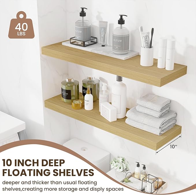Fun Memories Floating Shelves for Wall 36 Inches, Wood Shelves with Invisible Bracket, 10" Deep Shelves Wall Mounted, Large Wood Floating Shelves for Living Room Bathroom, Oak, Set of 2