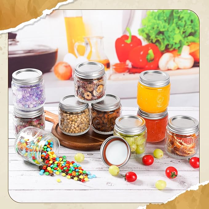 Mason Jars 8 oz - Vintage Small Glass Mason Jars with Silver Metal Lids, Regular Mouth Canning Jars, Safe For Storage, Canning, Pickling, Preserving, Fermenting, DIY Crafts & Decor (6Pack)