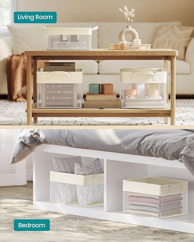 SONGMICS ClosetOrganizers Set of 3, Medium Fabric Storage Baskets, Foldable Organizer with Transparent Nylon Mesh, 15.7 x 11.8 x 9.8 Inches, Handles, for Bedroom, Living Room, Cream White URFB940W01