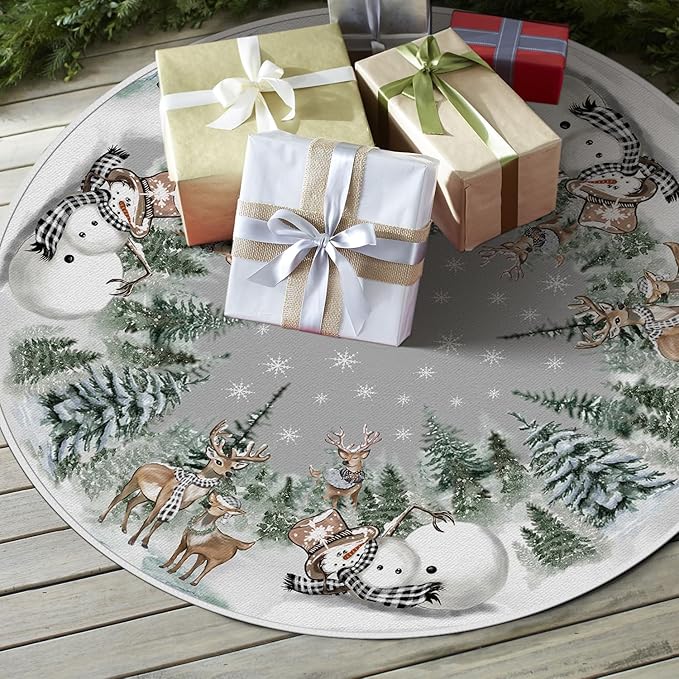 AVOIN colorlife Snowman Reindeer Snowflake Christmas Tree Skirt 36 Inch, Winter Holiday Tree Mat Decoration