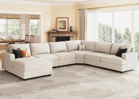Nolany Modular U-Shape Oversized Corner Sectional Sofa with Storage Ottoman, Corduroy Fabric, Beige, 72.9"D x 128.5"W x 35"H
