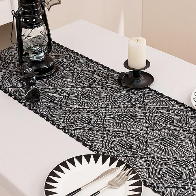 Halloween Black Lace Table Runner Ghost Hand Pattern Gothic Table Decorations Fireplace Mantel Scarf Halloween Indoor Party Tabletop Decor Supplies for Home Party 12×71 Inches