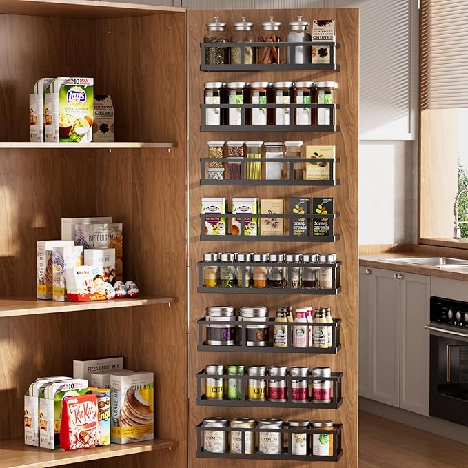 Over The Door Pantry Organizer, 8 Pack Spice Rack Wall Mounted & Hanging Storage Baskets Organizer Wall Mount, Large Capacity Metal Spice Shelf for Kitchen Cabinet, Bathroom, Shower, Home Decor