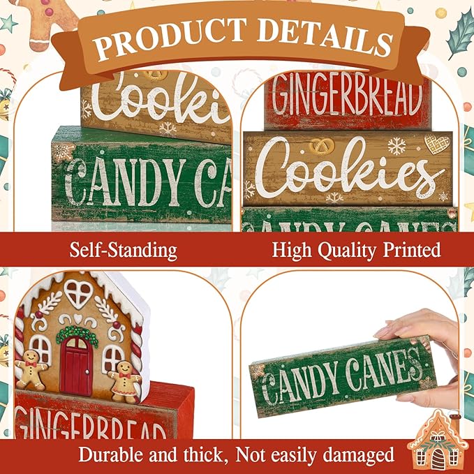 4 Pcs Christmas Table Decoration Wooden Gingerbread House Tiered Tray Decor Wood Rustic Gingerbread Block Signs Christmas Centerpiece Farmhouse for Home Tabletop Kitchen Shelf Party Gift