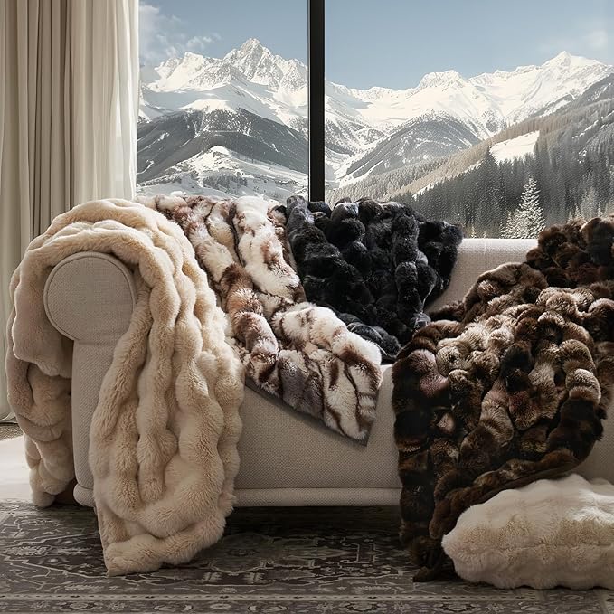 EVERGRACE Ultra Soft Luxury Fluffy Ridgeline Faux Rabbit Fur Throw Blanket, Thick Warm Bubble Throw for Bed, Cozy Plush Reversible Blankets for Couch, Chair, Sofa, Mocha Brown, 60x80 Inches, 870 GSM