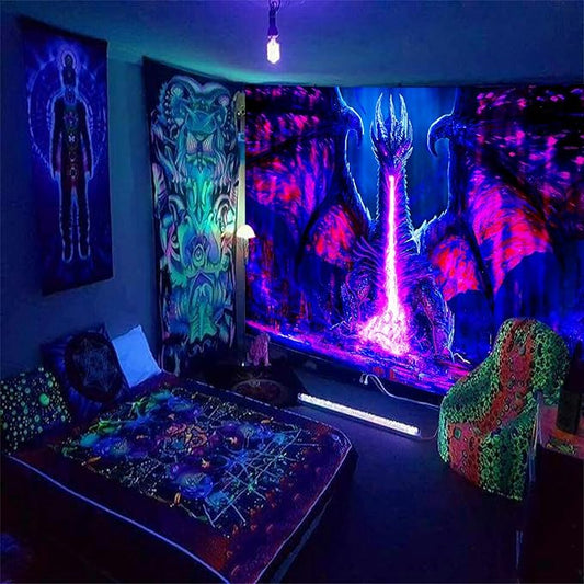 ADDWel Blacklight Dragon Tapestry, Cool Evil-Dragon Tapestry Glow In The Dark, UV Reactive Black Light Posters Wall Hanging for Bedroom Dorm Living Room Backdrop Decor