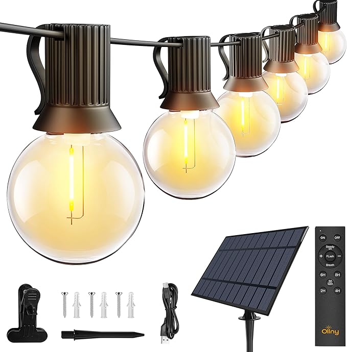 Ollny 110FT Solar String Lights for Outside, Waterproof Remote Control Dimmable Timers 3Modes Outdoor Light with 50 LED + 2 Spare Shatterproof Bulb, G40 Hanging Lights for Patio Pool House Garage