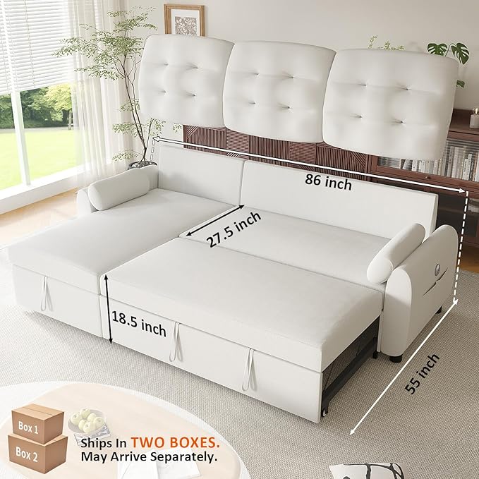 Ucloveria Sleeper Sofa Bed, 86" Convertible Sectional Sofa Couches for Living Room, 4 in 1 Pull Out Couch Bed with Reversible Storage Chaise | USB Ports | Side Pockets | Removable Backrest