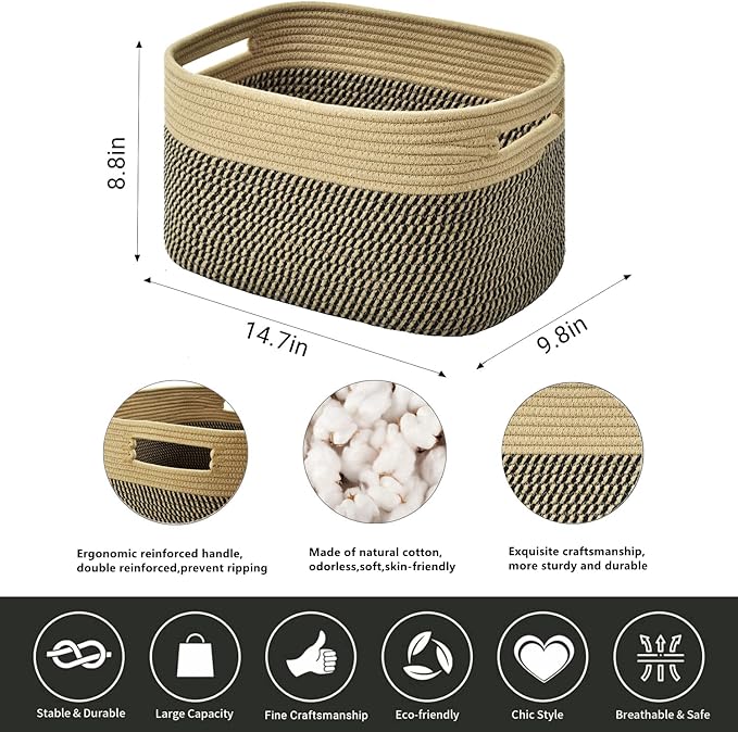Storage Basket,Woven Baskets for Storage,Cotton Rope Baskets for Organizing,book,towel Basket,Toy Basket or Storage Bins - 3 Pack,Black and Brown