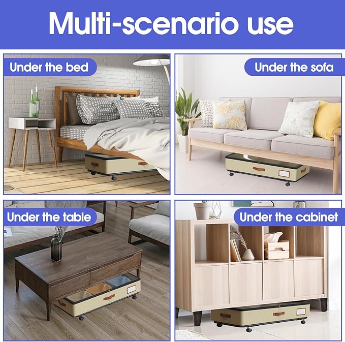 IUI Under Bed Storage with Wheels & Lid, 50L Large Capacity Underbed Storage Containers, Versatile Under The Bed Shoe Storage for Clothes, Books, Toys, 2 Pack, Ivory White