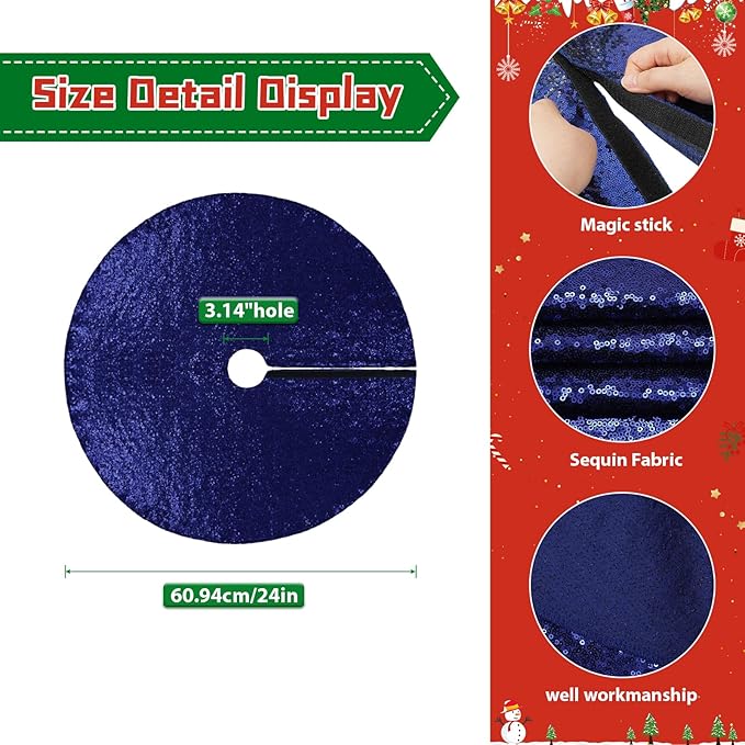 Eternal Beauty Christmas Tree Skirt, 24 Inch Navy Blue Sequin Tree Skirt Small Xmas Tree Skirt for Christmas Tree Decorations