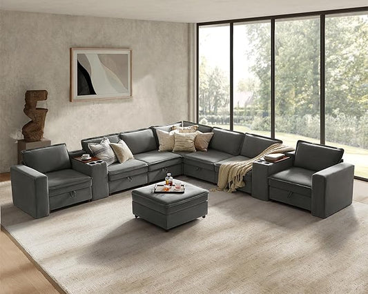 HULALA HOME Modular Sectional Sofa with USB Port and Console, 8 Seater Sofa with Storage Ottoman, Oversized L Shaped Couches for Living Room, FSC Certified, Grey