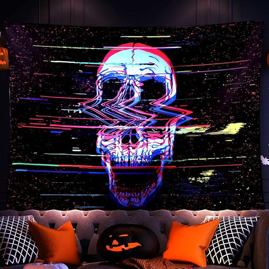 ADDWel Blacklight Skull Tapestry, Black Psychedelic Tapestry Glow In The Dark, UV Reactive Black Light Tapestries Posters Wall Hanging for Bedroom Living Room Dorm Party Backdrop Decor(60 * 80inches)