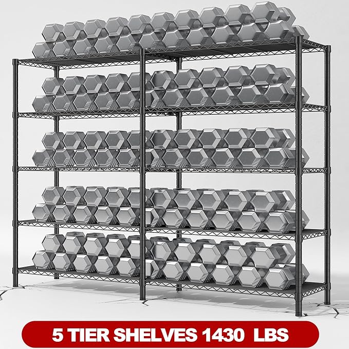REIBII 5 Tier Wire Shelving Storage Shelves Loads 1430LBS, 58" W Metal Shelving for Storage Adjustable Shelving Unit Heavy Duty Garage Shelves Pantry Shelves Kitchen, Black
