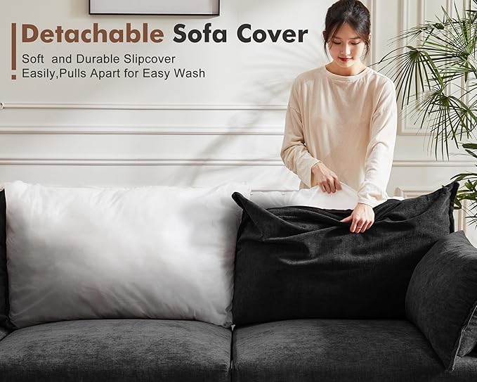 136.4" Oversized Modular Sectional Sleeper Sofa Bed, U Shaped Convertible Couch with Movable Ottoman, Large 8 Seat Corner Couches for Living Room Deep Seat Black Chenille