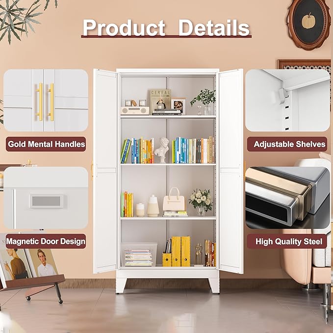 Metal Pantry Cabinet with 2 Doors and Adjustable Shelves, Kitchen Storage cabinets with Gold Handles, Versatile Storage for Laundry/Living Room,Bathroom,Dinning Room-White