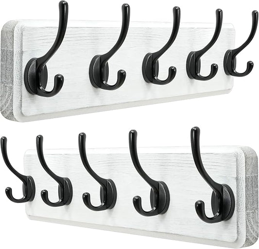 Dseap Coat Rack Wall: Patented, Heavy-Duty, 5-Double-Hooks Wooden Wall Mounted Coat Rack Coat Hanger Hook Rail for Winter Coats Hat Jacket Clothing, White & Black, Pack of 2