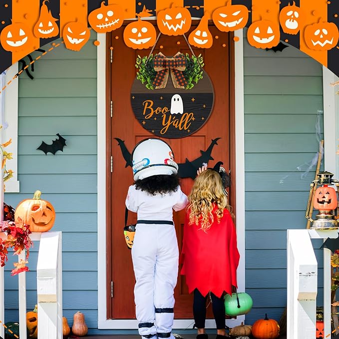 Halloween Sign for Front Door Halloween Wooden Hanging Sign Boo Ghost Sign with Bow Halloween Door Wreath Hanger for Front Porch Outdoor Home Wall Decor
