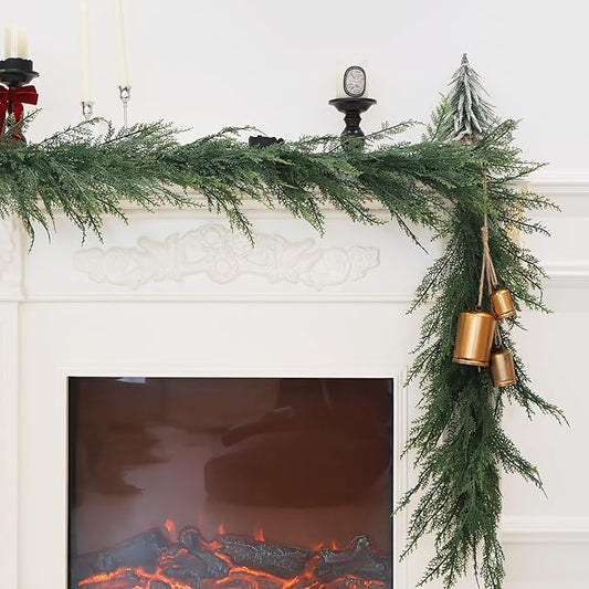 2PCS 9FT Christmas Cedar Garland Full Real Touch Artificial Green Faux Cypress Realistic Pine Garland for Mantle Fireplace Table Home Decoraiton