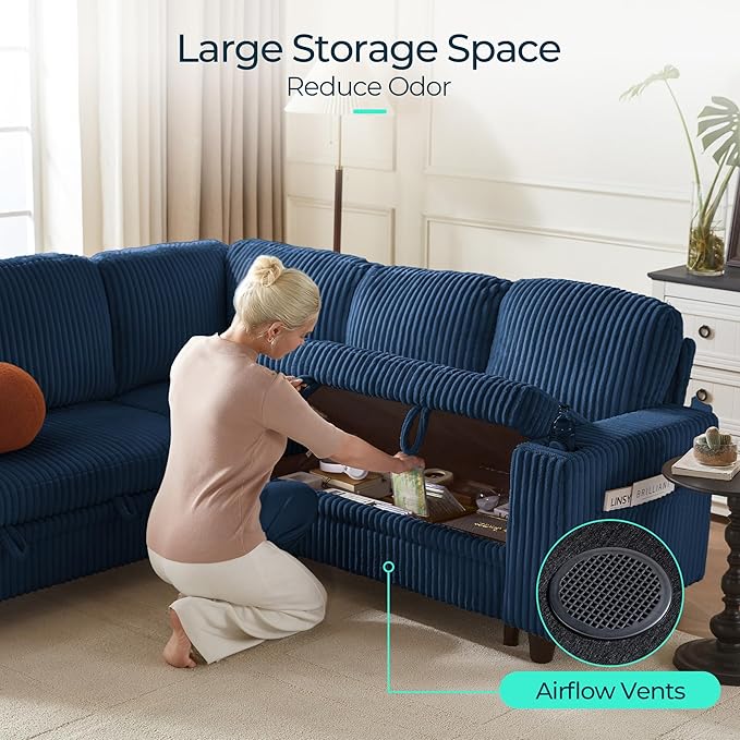 LINSY HOME Sectional Sleeper Sofa with Pull Out Couch Bed - Convertible Plush Corduroy Cloud Couch with Storage Chaise & USB Charging, Comfy Modular Couches for Living Room, Blue