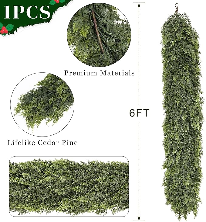 6FT Real Touch Cedar Garland for Fireplace - Artificial Christmas Garlands Realistic Faux Greenery Fake Pine Needles Garland for Holiday,Table, Window,Mantel,Stairs, Home,Indoor Outdoor Decor (1PCS)