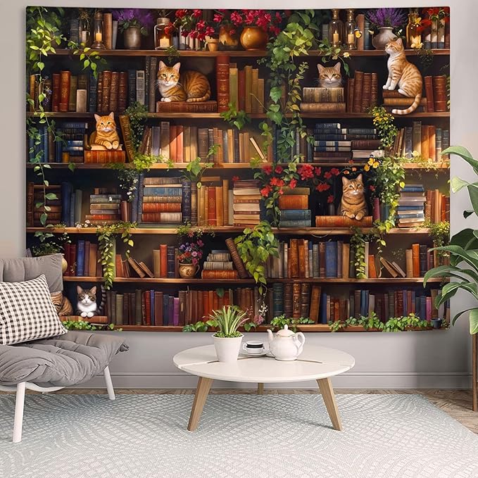 Accnicc Plant Cat Bookshelf Tapestry Botanical Floral Flower Cats Book Tapestries Wall Hanging Vintage Library Large Tapestry for Bedroom Living Room Dorm 80 x 60 inch