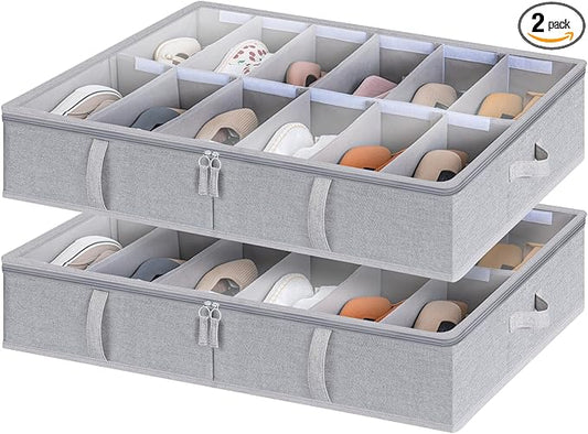 StorageWorks Under Bed Shoe Storage Organizer, Underbed Shoes Container with Adjustable Dividers, Shoe Storage Basket with Cover, Grey, 2-Pack, Space-Saving Shoe Box Fits up to 24 Pairs