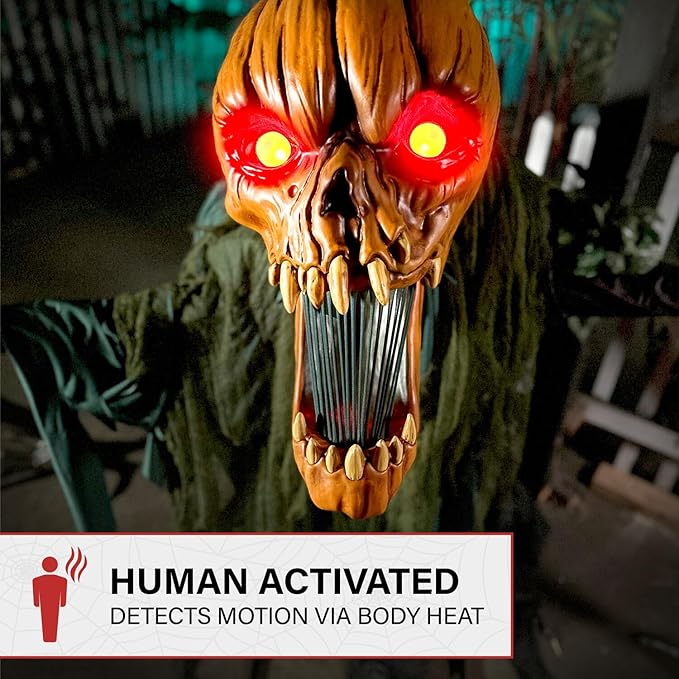 Haunted Hill Farm 7.3-Ft Groundbreaking Jack by Tekky, Halloween Animatronic, Spooky House Wall Decoration, Creepy Indoor & Covered Outdoor Party Decor, Motion-Activated Lights & Sound, Life-Size