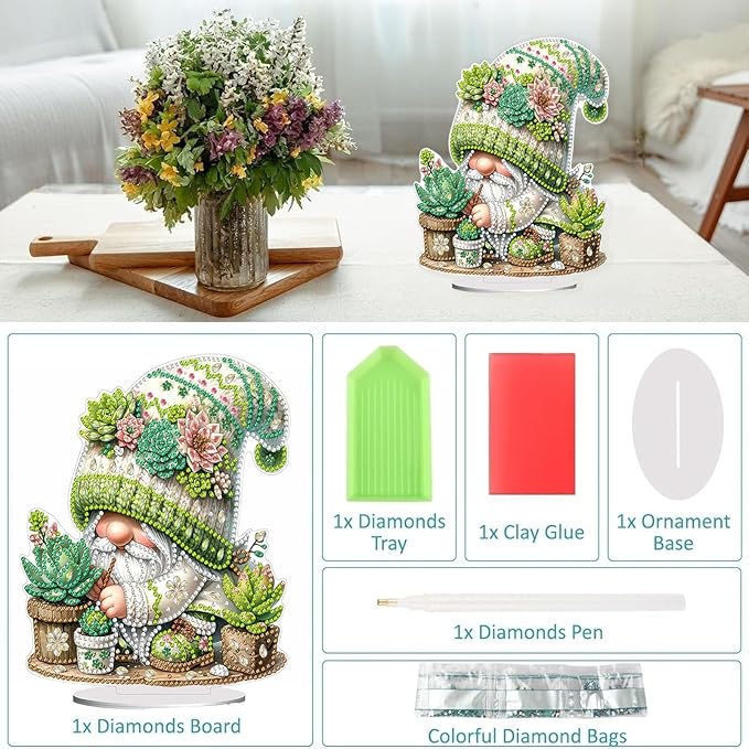 Diamond Painting Kits for Adults Beginners, 5D Full Drill Dwarf Succulents Crystal Art Desktop Ornament, DIY Single Sided Home Office Desk Decor, Creative Craft Gift Set with Tools