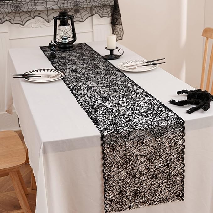 Halloween Spiderweb Lace Table Runners Black Cobweb Designs Table Cover Flag Halloween Tabletop Centerpieces & Fireplace Mantel Decorations for Autumn Home Indoor Party Decor
