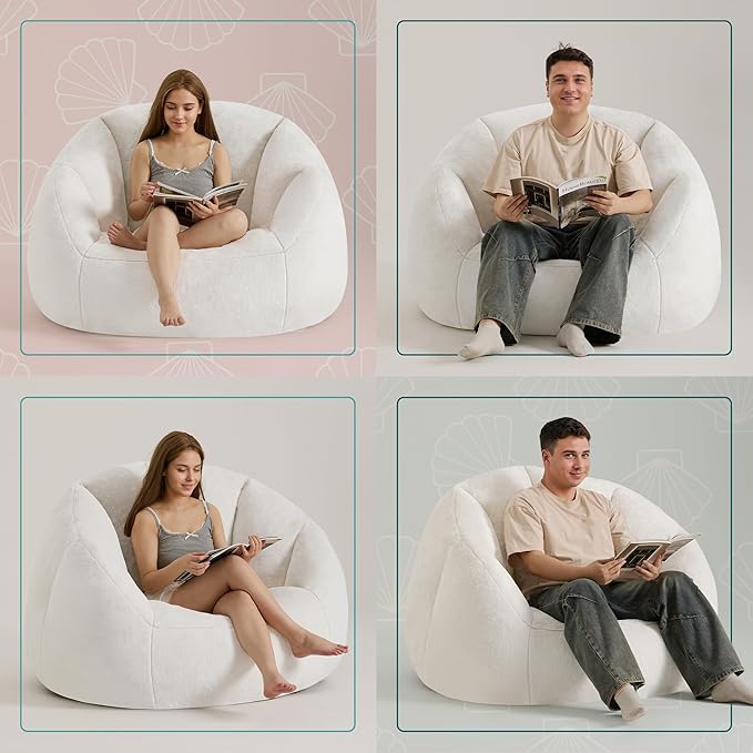 Giant Bean Bag Swivel Chair for Adults - Comfy Plush Round Shell Soft Accent Chair, Oversized Cozy Floor Sofa for Living Room, Bedroom & Game Rooms, Beige