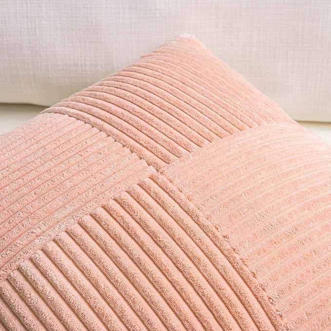 Fancy Homi 2 Packs Peach Euro Decorative Throw Pillow Covers 26x26 Inch for Couch Bed Sofa, Rustic Farmhouse Boho Home Decor, Soft Corss Corduroy Patchwork Textured Square Cushion Case 66x66 cm