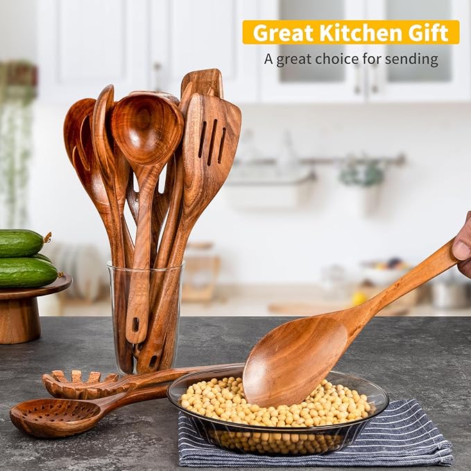 GUDAMAYE 11 PCE Wooden Spoons for Cooking, Wooden Kitchen Utensils Set,Wooden Cooking Utensils,Natural Teak Wooden Spoons For Non-stick Pan