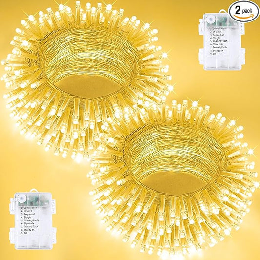 2 Pack String Lights Battery Operated with Timer, 66FT 200 LED Waterproof Battery Twinkle Lights, 8 Modes Fairy Light for Indoor & Outdoor Party Bedroom Garland Tree Christmas Decorations (Warm White)