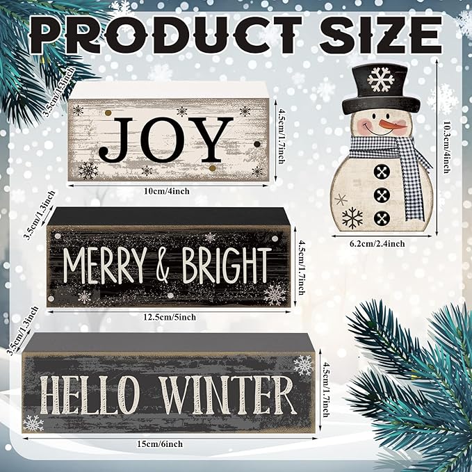 4 Pcs Snowman Christmas Decor Winter Table Decorations Christmas Tiered Tray Decor Winter Centerpiece Decorations Indoor Rustic Wooden Snowman Block Sign Gift Farmhouse for Home Kitchen
